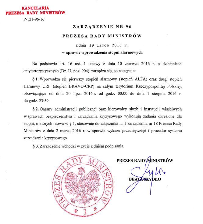 Zarządzenie Nr 96 Prezesa Rady Ministrów z dnia 19 lipca 2016r. w sprawie wprowadzenia stopni alarmowych