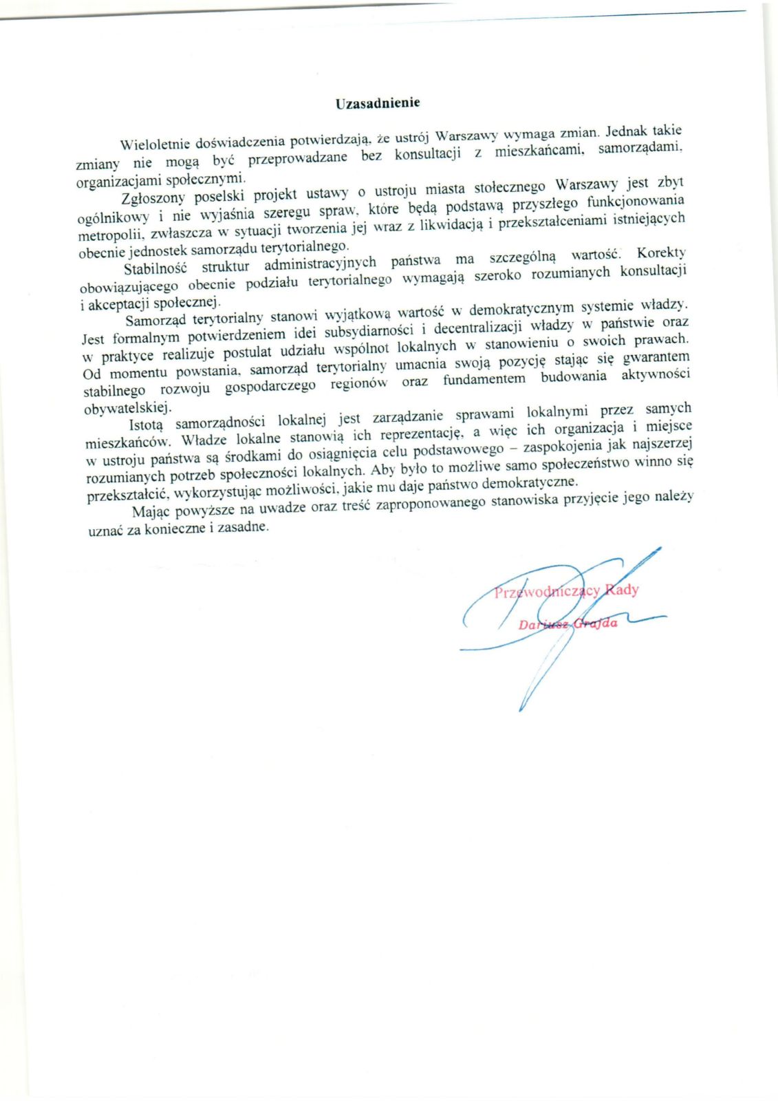 Stanowisko Nr 4/2017 Rady Powiatu w Otwocku w sprawie poselskiego projektu ustawy o ustroju miasta stołecznego Warszawy