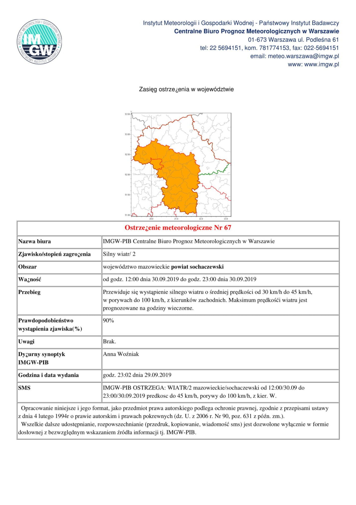 Ostrzeżenie meteorologiczne- silny wiatr
