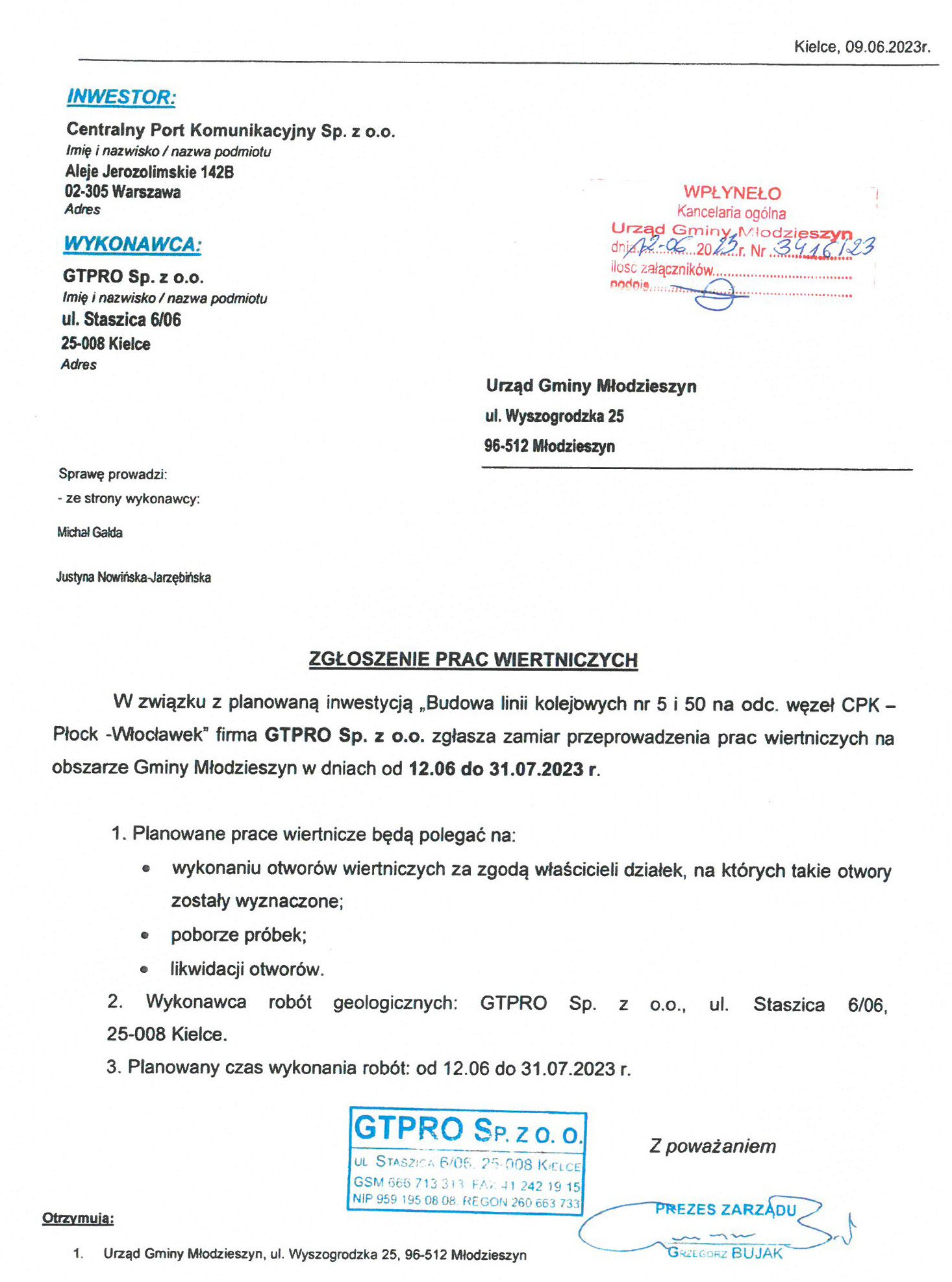 Informacja dotycząca zgłoszenia prac wiertniczych.
