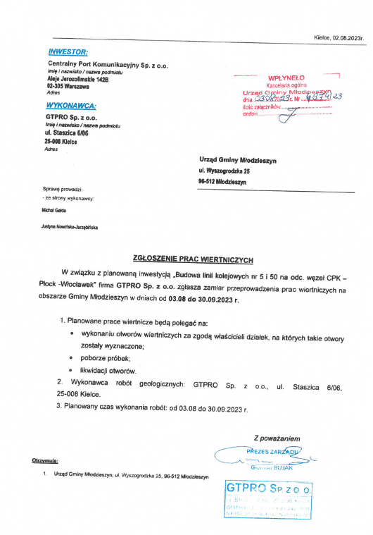 Informacja dotycząca zgłoszenia prac wiertniczych