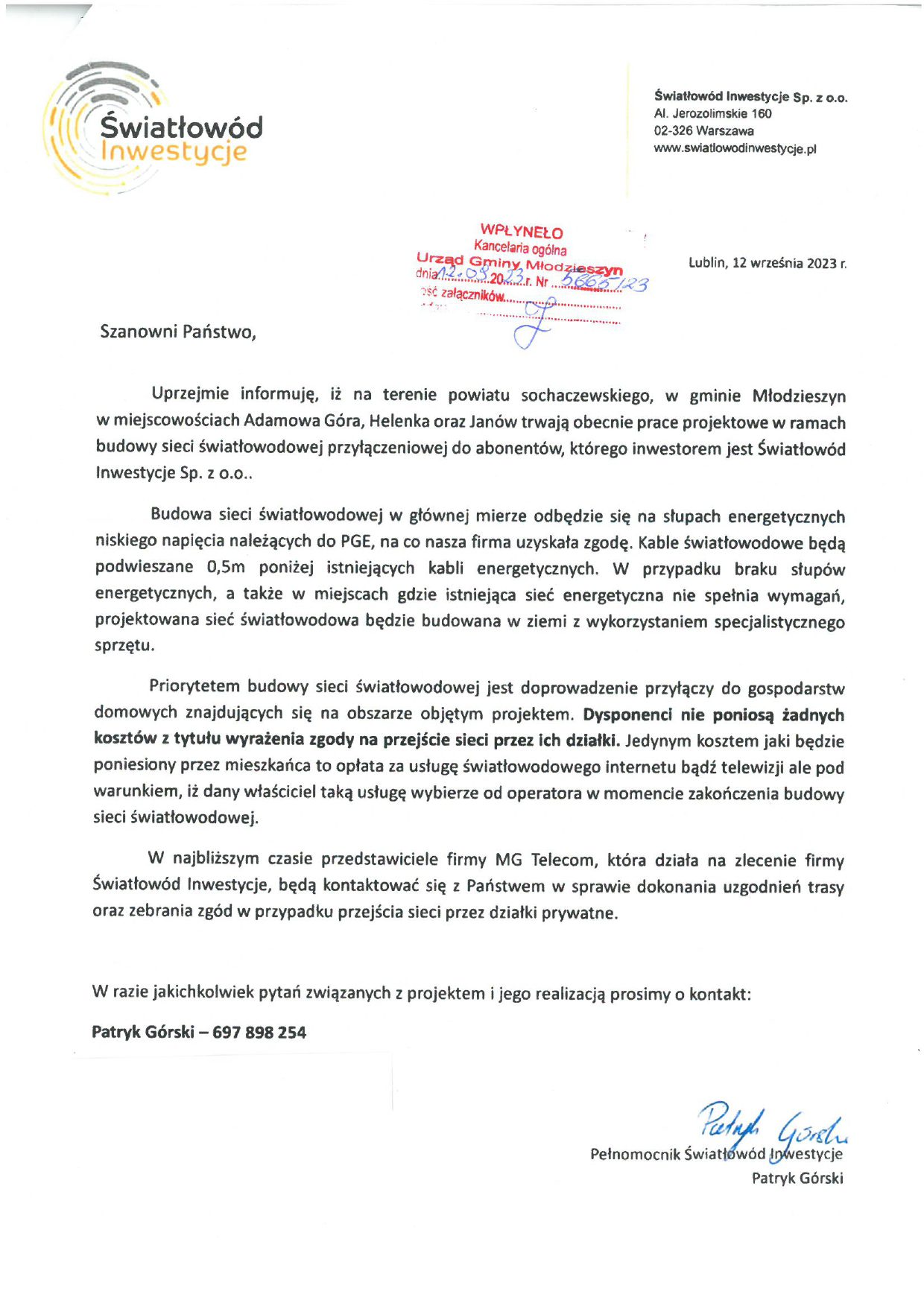 Informacja o pracach projektowych budowy sieci światłowodowej w miejscowościach Adamowa Góra, Helenka i Janów .
