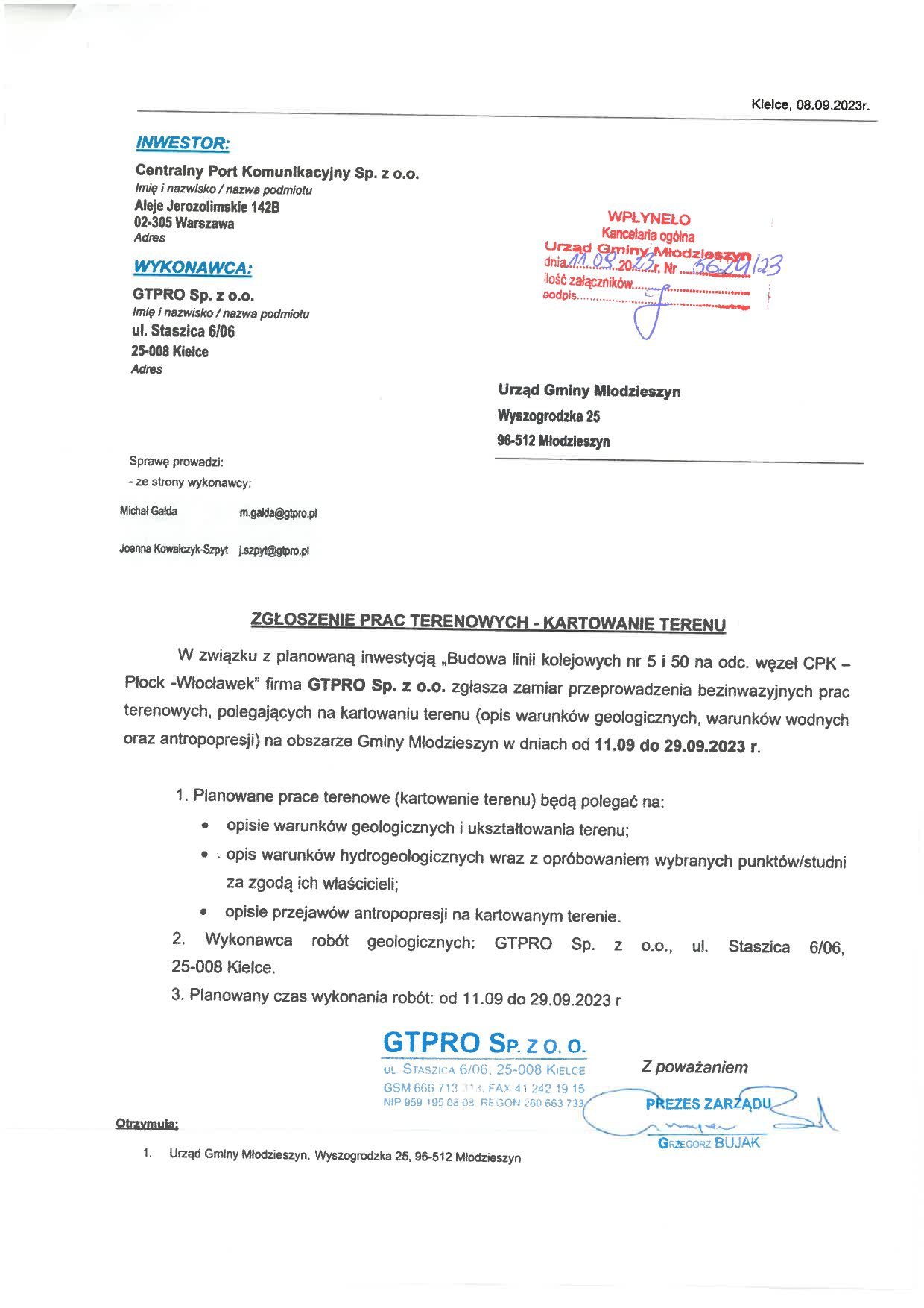 Zgłoszenie zamiaru przeprowadzenia bezinwazyjnych prac terenowych w związku z planowaną inwestycją „Budowa linii kolejowych nr 5 i 50 na odc. węzeł CPK – Płock -Włocławek”