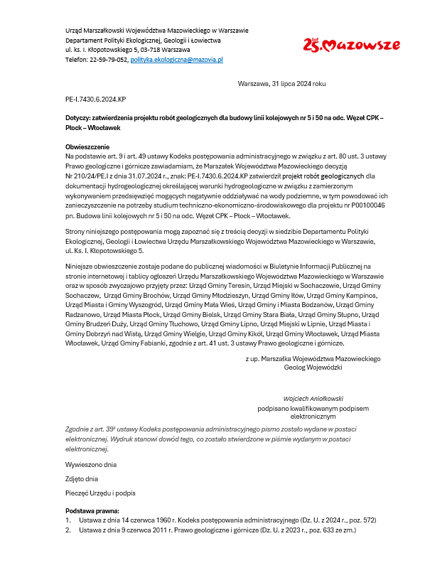 Obwieszczenie Marszałka Województwa Mazowieckiego dot. zatwierdzenia  projektu robót geologicznych dla budowy linii  kolejowych nr 5 i 50 na odc. Węzeł CPK – Płock – Włocławek.