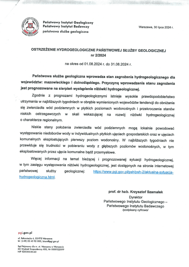 Ostrzeżenie hydrogeologiczne Państwowej Służby Geologicznej