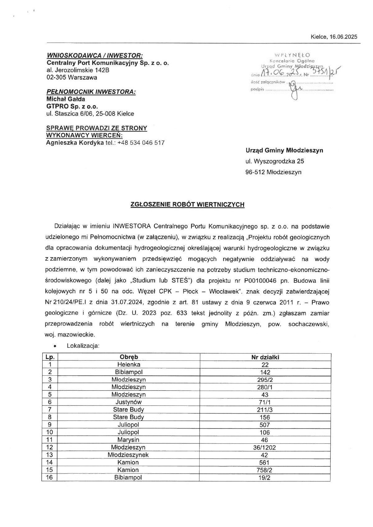 Informacja dotycząca zgłoszenia prac wiertniczych